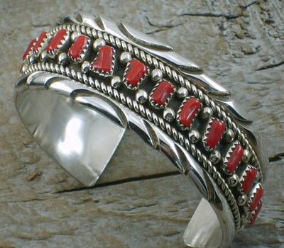 Native American Oxblood Coral Cuff Bracelet - sz 6.5
